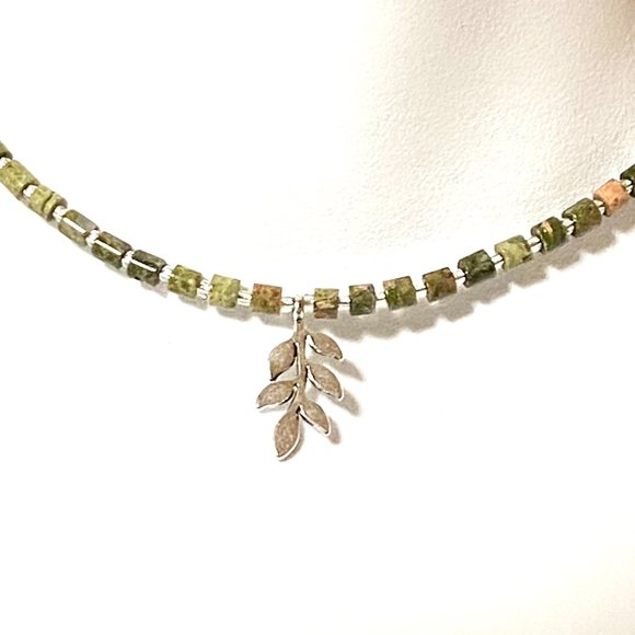 Cute Unakite Stone Silver Leaf Branch Necklace, Genuine Gemstone Beaded Necklace - Picture 4 of 9
